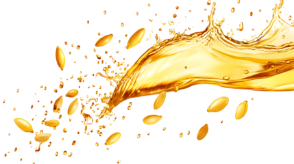 Dynamic Splash Of Golden Oil With Scattered Seeds Isolated On White Background