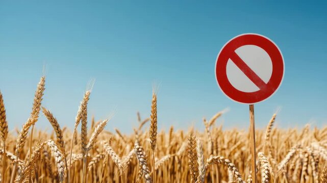 No-entry sign stands amid golden wheat fields under clear blue sky