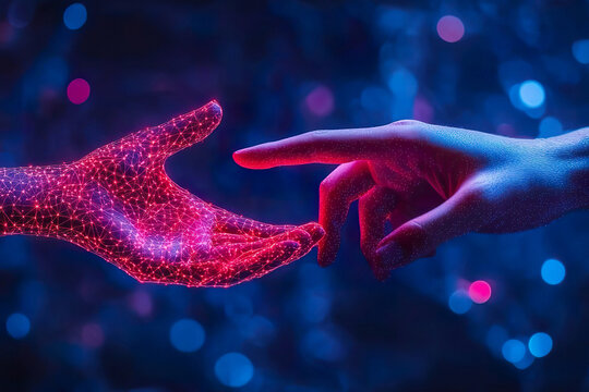 Hands connected through digital elements symbolize AI role in creativity