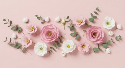 Floral Arrangement with Pink and White Flowers on Light Pink Background