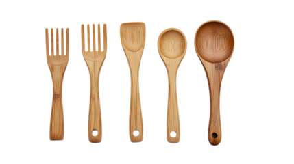 Five Bamboo Kitchen Utensils, Spoons, And Forks Aligned Together Cooking Food