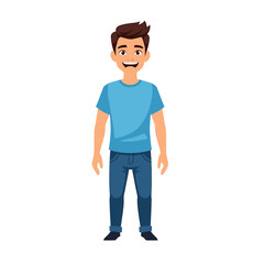 Fototapeta premium A smiling cartoon man stands wearing a blue t-shirt and jeans, with brown hair, against a plain white background.