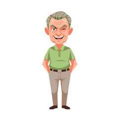 Cartoon illustration of an elderly man with gray hair, winking and smiling with hands in pockets, wearing a green shirt and tan pants.