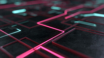 Futuristic neon circuit layout with red and pink connections