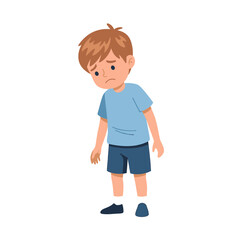 Cartoon illustration of a sad young boy with brown hair, wearing a blue shirt and shorts, looking down with a dejected expression.