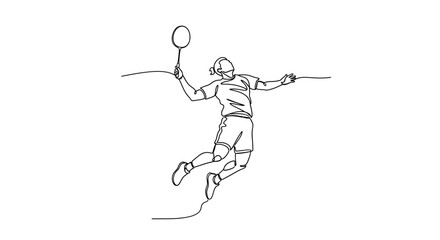 Fototapeta premium Dynamic Badminton Action: A single, continuous line drawing captures the energy and athleticism of a badminton player in mid-air, poised to strike the shuttlecock with precision.