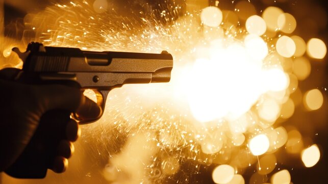 A hand holding a handgun with sparks flying from it, set against a dark background with a silhouetted figure in the foreground.