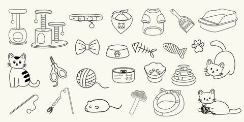 Hand drawn cat illustrations. Cute doodle icons of kittens, scratching posts, toys, collars, grooming tools and accessories. Vector pet care elements for pet shops, packaging, and cat-themed designs.