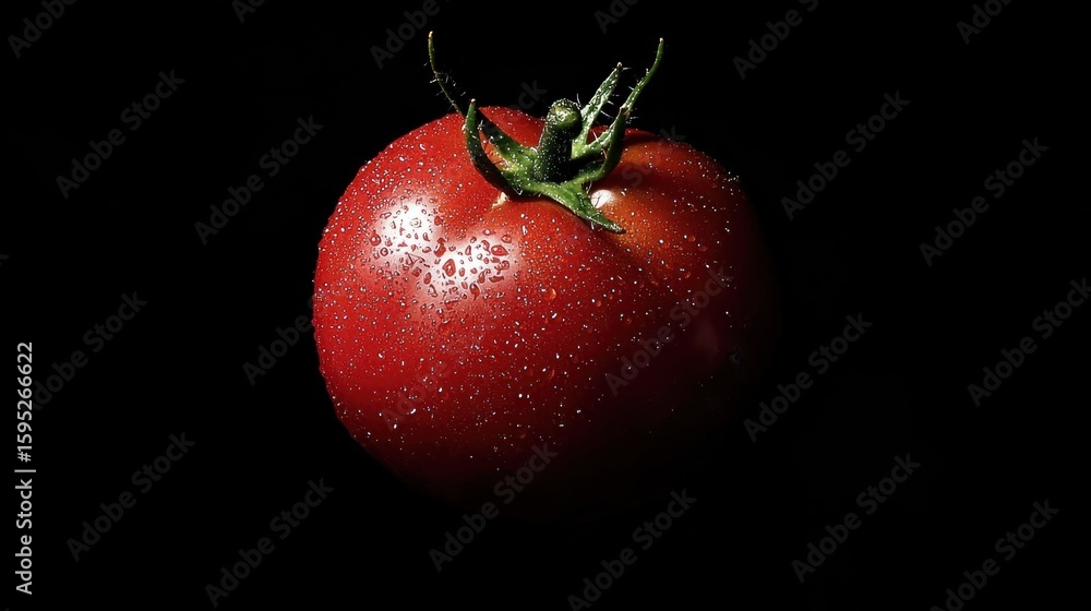 Poster a single ripe tomato with water droplets on it, set against a black background with a soft glow of l