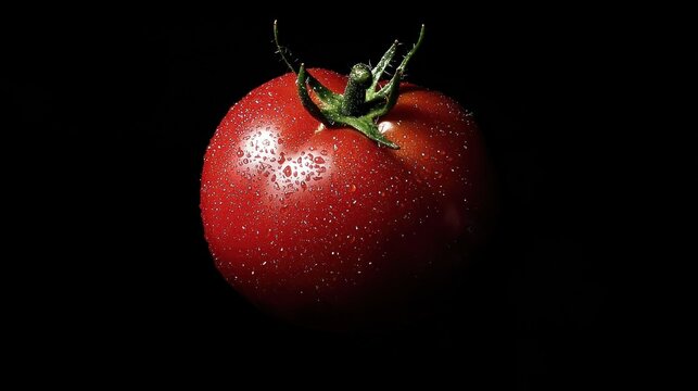 A single ripe tomato with water droplets on it, set against a black background with a soft glow of light, emphasizing the vibrant red color and the texture of the tomato's skin.