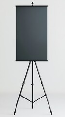 Black presentation screen is set on a tripod stand against a plain white background