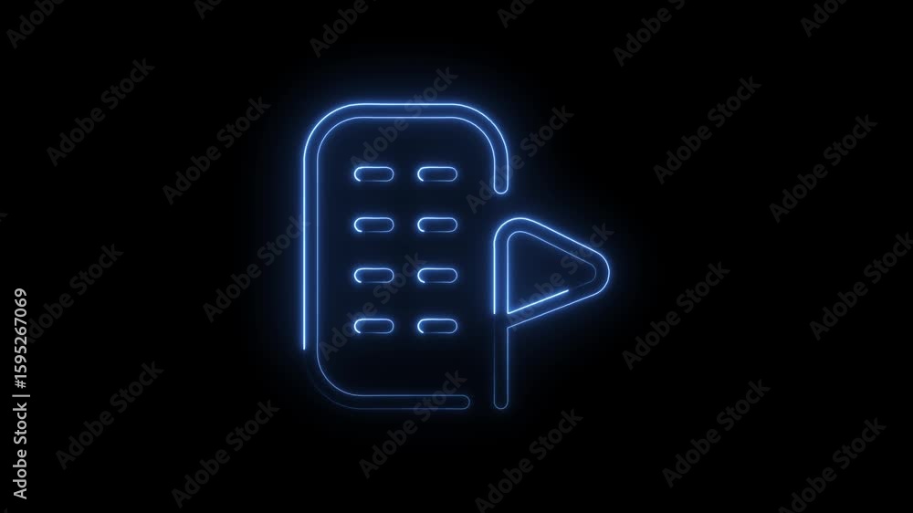 Poster glowing blue neon icon representing document or file progress with play button symbol on black backg
