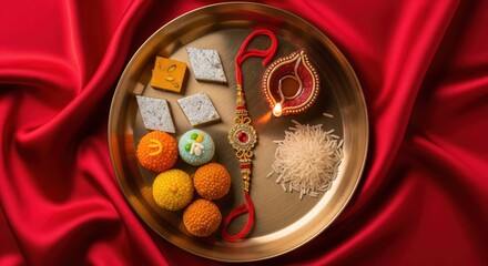 Traditional Raksha Bandhan Thali on Red Silk Background – Top View Photo