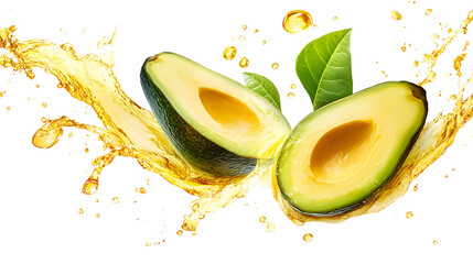 Fresh Avocado Halves With Oil Splash On White Background For Food Concepts