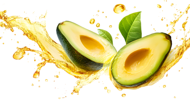 Fresh Avocado Halves With Oil Splash On White Background For Food Concepts