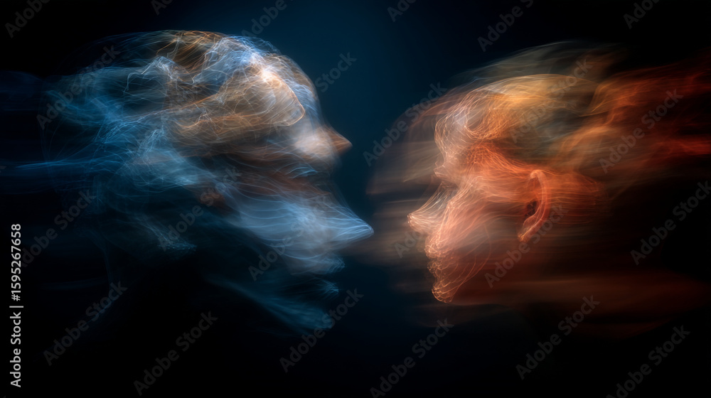 Poster abstract faces of light facing each other in a dark and smoky setting