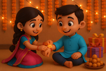 Happy raksha bandhan cartoon illustration of sister tying rakhi to brother with marigold decoration and sweets in background during festive moment