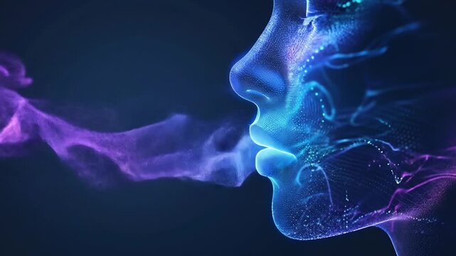 AI voice cloning technology visualization showing human profile transforming into digital particles with purple blue energy representing synthetic speech generation. Animation of a voiceover