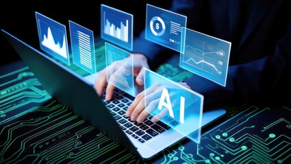 AI analyst using data charts on holographic screens