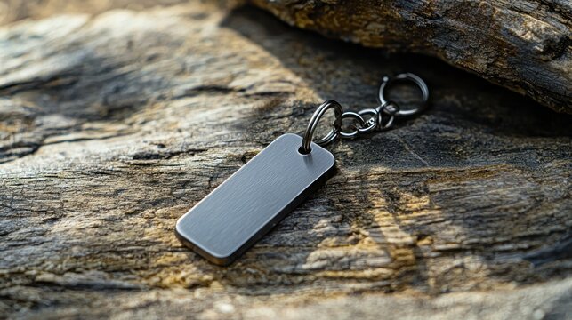 A black metal tag with a silver ring attached to a wooden log, set against a natural rock background.
