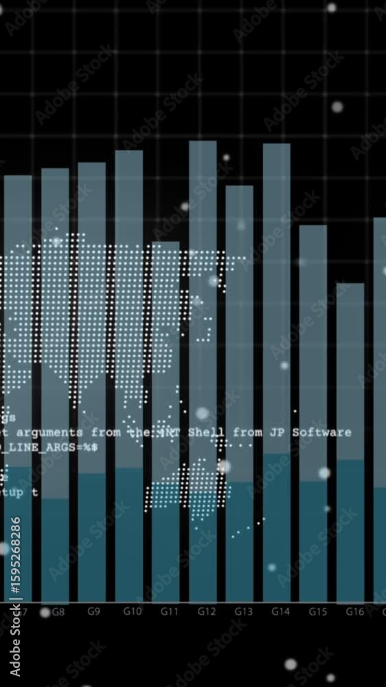 Poster animation of graph and data processing over world map on black background