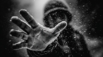 A hand reaching out, obscured by snow