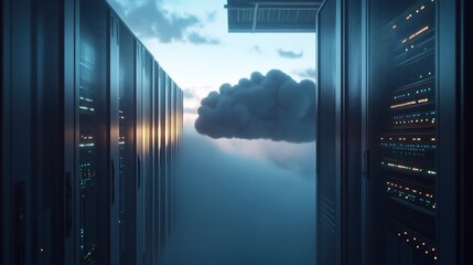 Data servers connect to the cloud, with a view of the sky and cloud between them