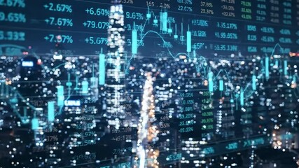Abstract financial chart with uptrend line graph and cityscape background animation - Powered by Adobe