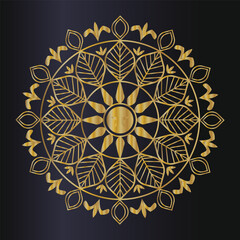 Intricate golden mandala design with floral and sun elements on dark background