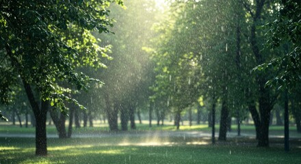 Rain Falling in Park with Green Trees and Sunlit Meadow