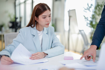 Business woman team leader explian declare insight data, powered by AI meeting assistants that...