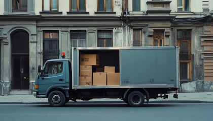 Delivery truck parked along city street shows cardboard boxes inside its open rear section
