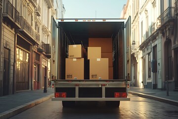 Delivery truck with open doors and cardboard boxes sits parked on a city street