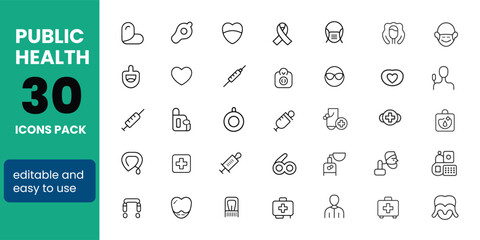 Public Health Line Icon Set—Editable Vector for Community Health and Safety