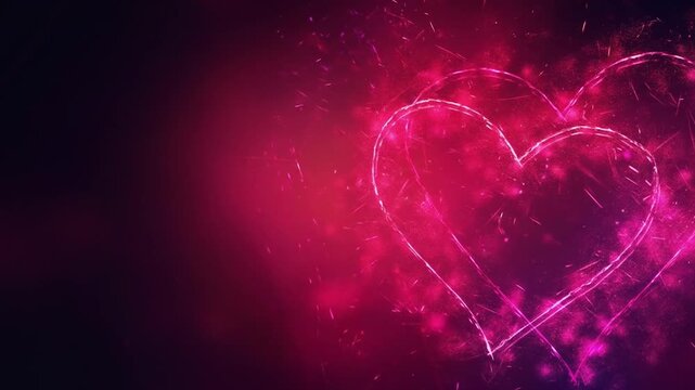 Animation of glowing neon heart shape radiating bright pink light creating romantic love symbol against dark atmospheric background with energy effects