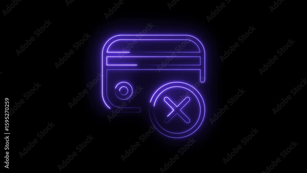 Poster glowing neon credit card with a red cross symbol indicating payment decline or transaction error iso