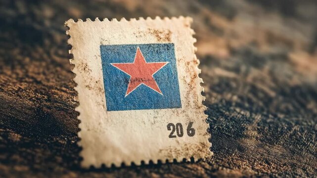Vintage postage stamp with red star and blue square on weathered background