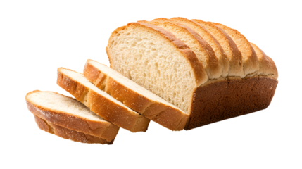 Fresh loaf of sliced white bread, isolated on a white background, ready for breakfast or lunchtime
