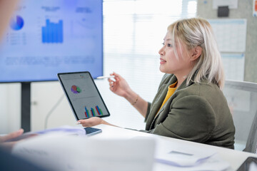 Business woman team leader explian declare insight data, powered by AI meeting assistants that...