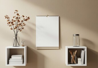 Minimalist Home Office Decor:  Blank Calendar, Dried Flowers, and Organized Shelves