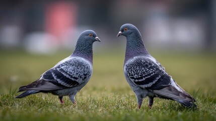 Obraz premium Two pigeons on grassy field