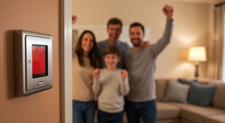 Happy family celebrating near smart home thermostat with raised hands in modern living room. Parents with children enjoying comfortable temperature control and energy savings. Smart home technology