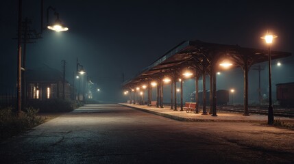Foggy, deserted train station at night