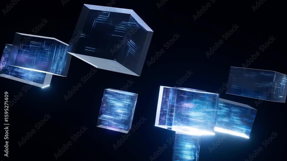 Poster geometric cubes of technology: a cluster of translucent geometric cubes float against a dark backdro