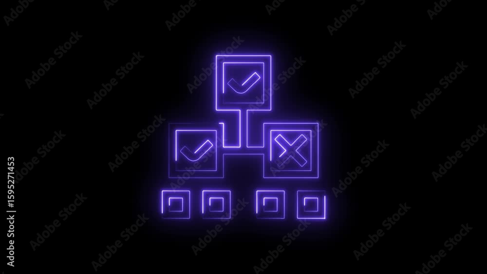 Poster glowing neon purple checklist hierarchy diagram with checkmarks and cross symbol on black background
