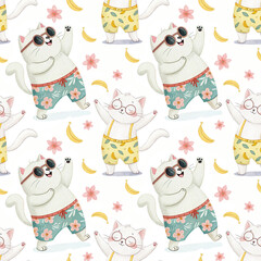 seamless watercolor pattern cat summer concept on white background