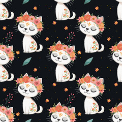 seamless watercolor pattern cat concept on black background