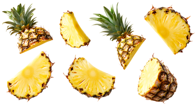 Fresh pineapple segments floating, isolated on a white background