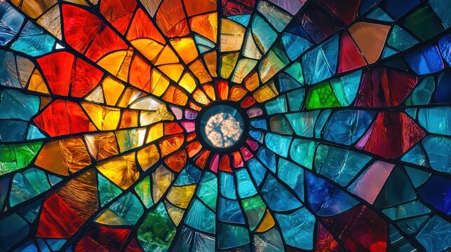 A colorful stained glass window with a central circular design, featuring a rainbow of vibrant colors including red, orange, yellow, green, blue, and purple, set against