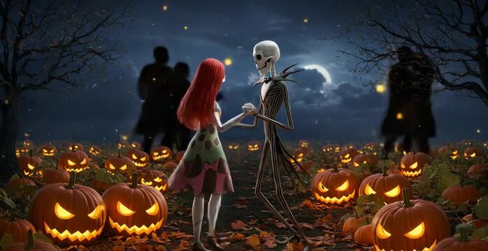 Lovely Moment of Jack and Sally, Moon, Halloween Video, Pumpkin, Happy Halloween.